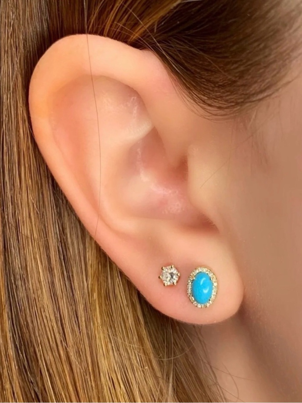 NWT MEIRA T 14K Yellow Gold Genuine Turquoise & Diamond Halo Oval Stud Earrings